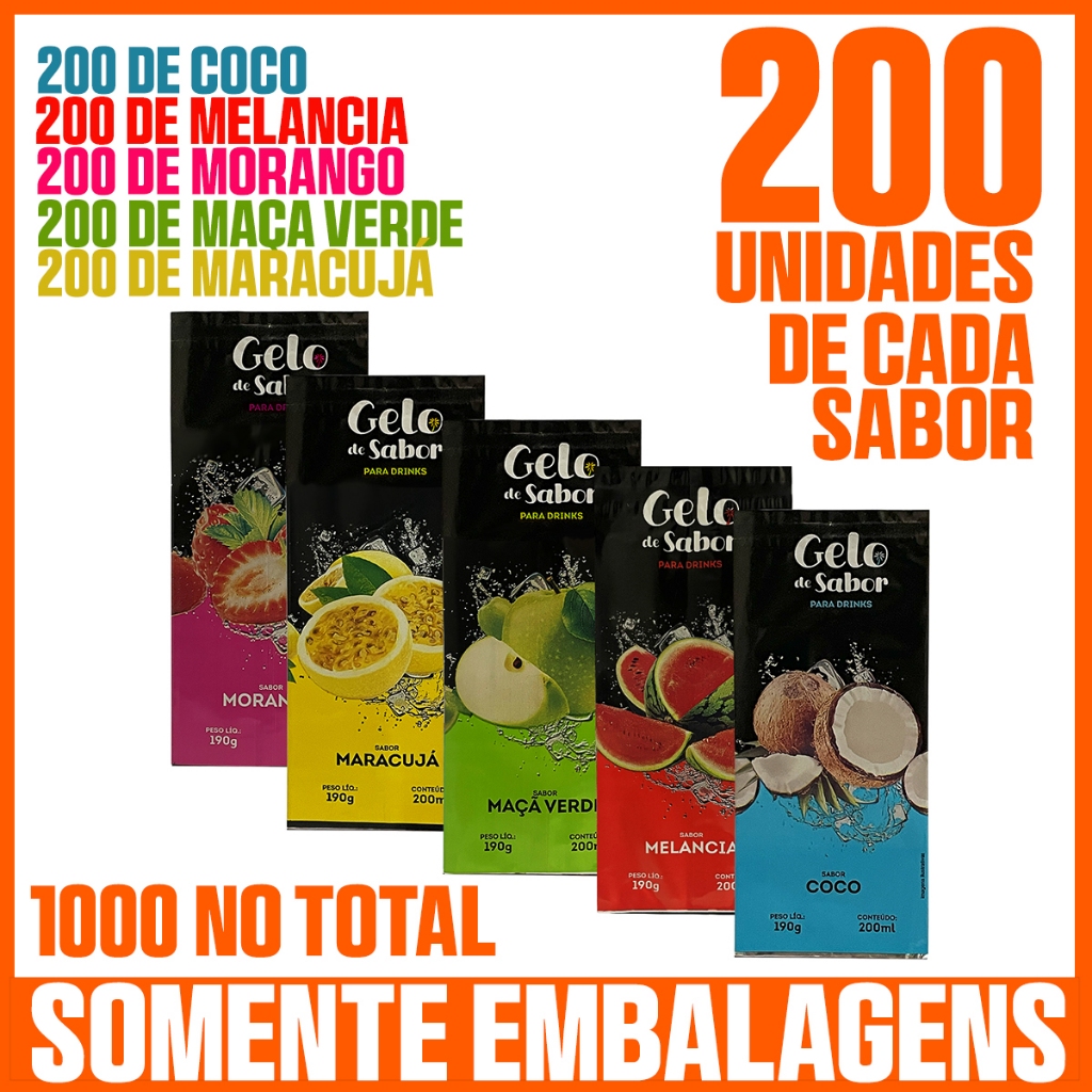 Kit Com 1000 Embalagens Saquinho Bopp Para Fabricação De Gelo Saborizado - 200 Unidades de Cada Sabor/Modelo