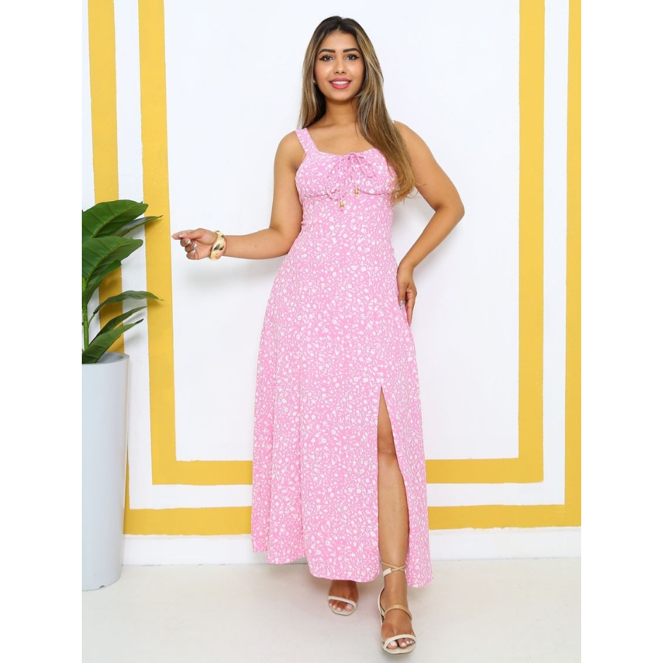 Vestido Longo Estampado Alça Grossa Feminino em Oferta na Shopee