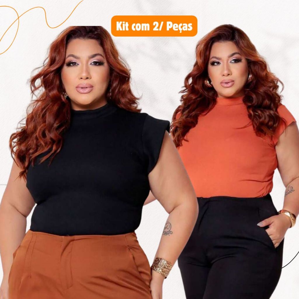 kit 2 Blusas Feminina Muscle tee Plus Size Ribana Canelada Gola Redonda Básica Social Elegante