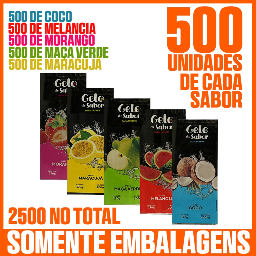 Kit Com 2500 Embalagens Saquinho Bopp Para Fabricação De Gelo Saborizado - 500 Unidades de Cada Sabor/Modelo