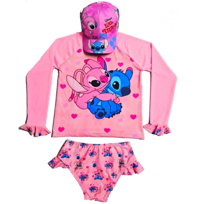 Conjunto Proteção Solar Blusa Uv + Biquíni + Boné Praia Natação Piscina Menina Infantil