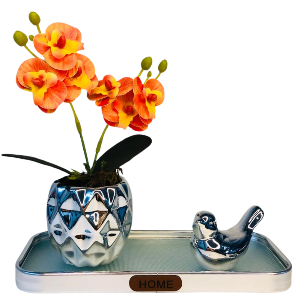 Kit Orquídea Artificial 20cm Com Bandeja  Suporte E Pássaro Prata