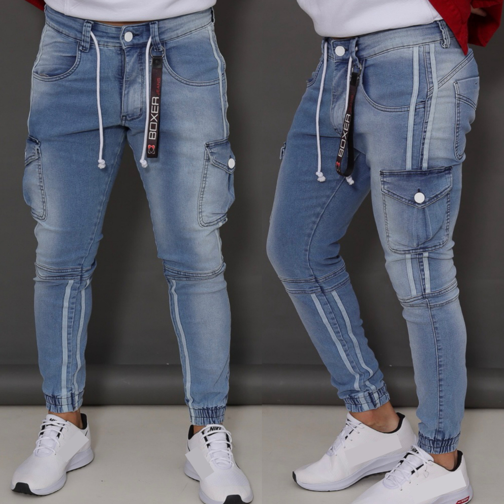 Calça Jogger Cargo Masculina Jeans e Sarja Skinny Slim com Elástico Bolso Lateral Skinny Slim
