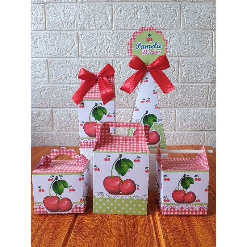 PEGUE E MONTE- Kit Caixinhas Personalizadas Cereja Cerejinha para aniversário e evento/ Lembrancinha/ Festa Papelaria