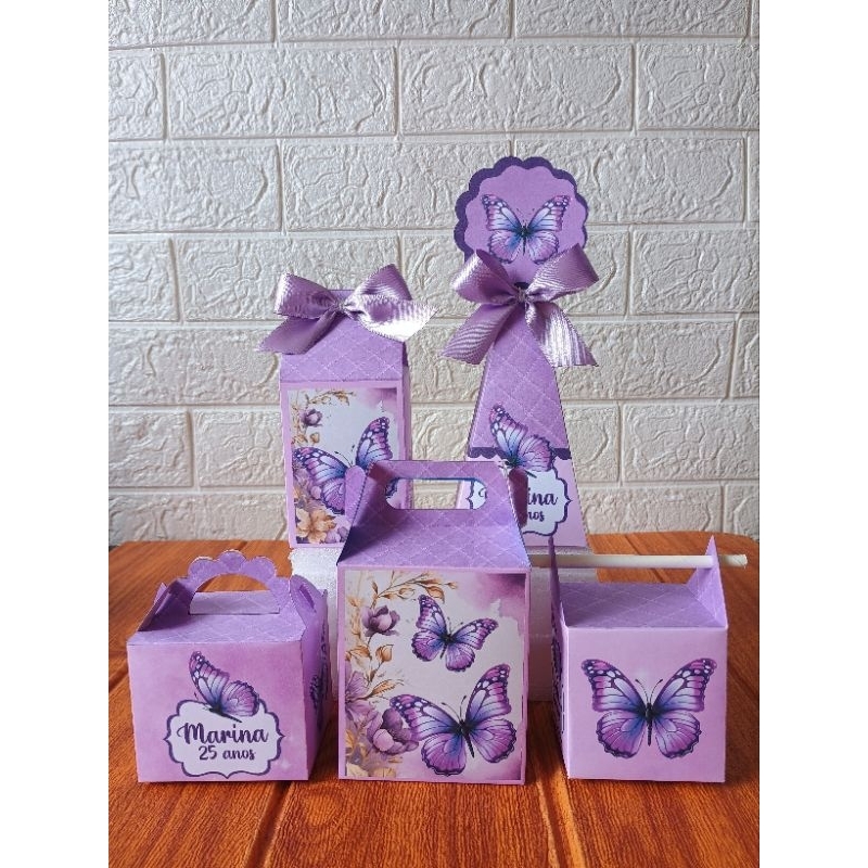 PEGUE E MONTE- Kit Caixinhas Personalizadas Borboleta Roxa para aniversário e evento/ Lembrancinha/ Festa Papelaria