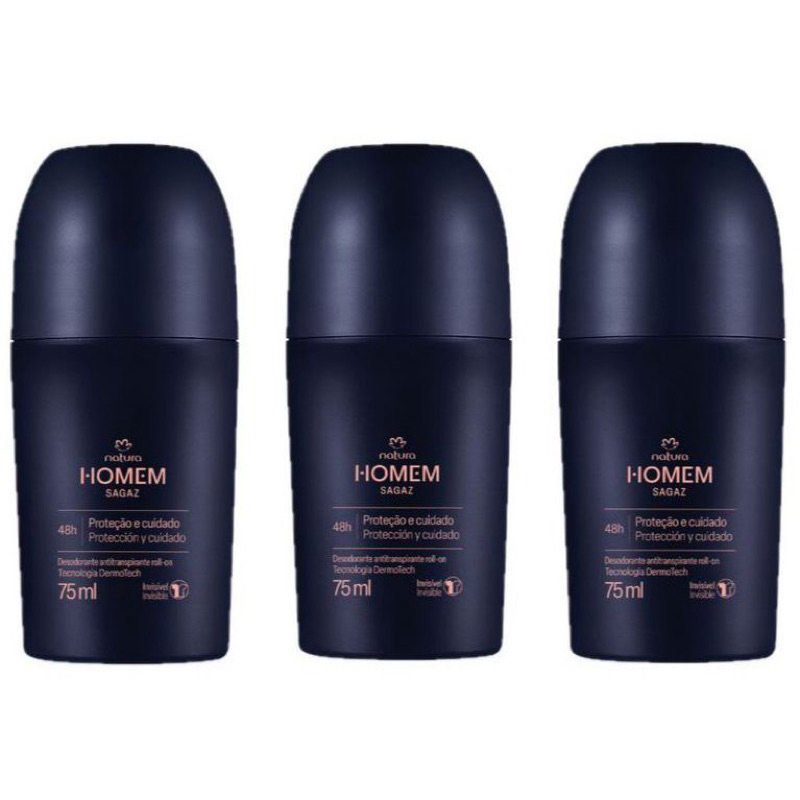 Kit Com 3 Desodorante Roll-On Natura Homem Sagaz Masculino 75ml cada Original validade 11/2026.