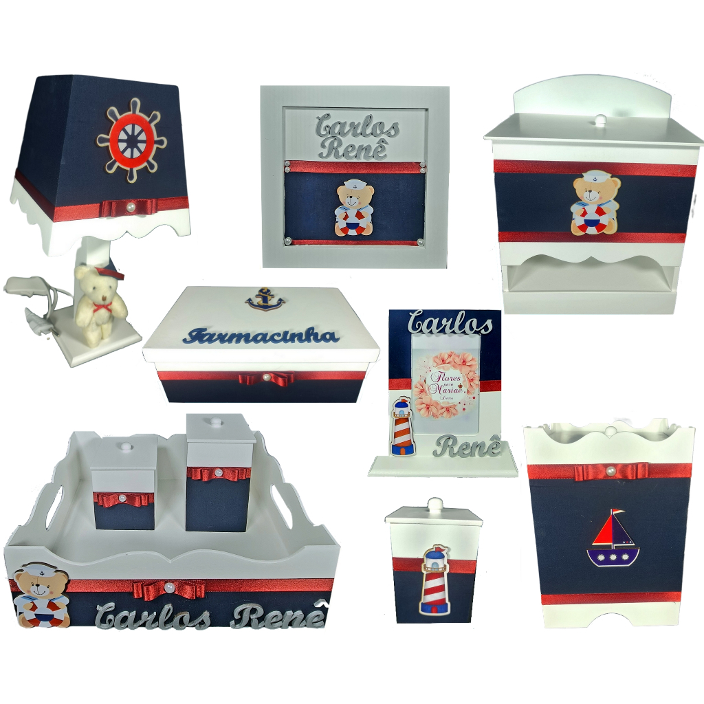 Kit Higiene quarto Bebê menino masculino Urso Marinheiro Azul marinho personalizado Nome