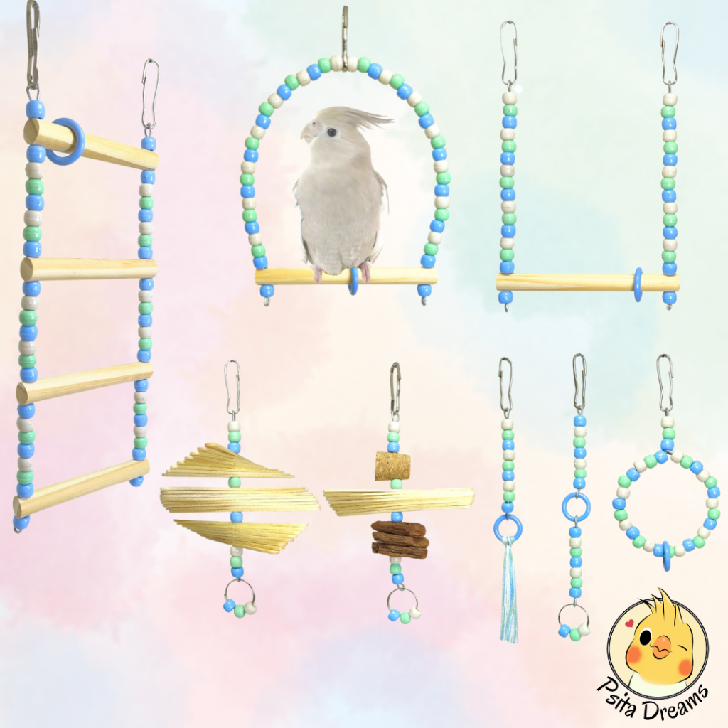 Kit Brinquedos Baby Psita, calopsita, agapornis, periquito, aves, acessórios para gaiola, poleiro, escada, balanço