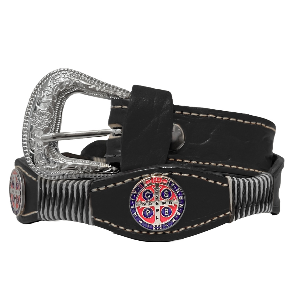 Cinto Infantil Medalha São Bento Em Couro Legítimo Preto Artesanal Para Crianças