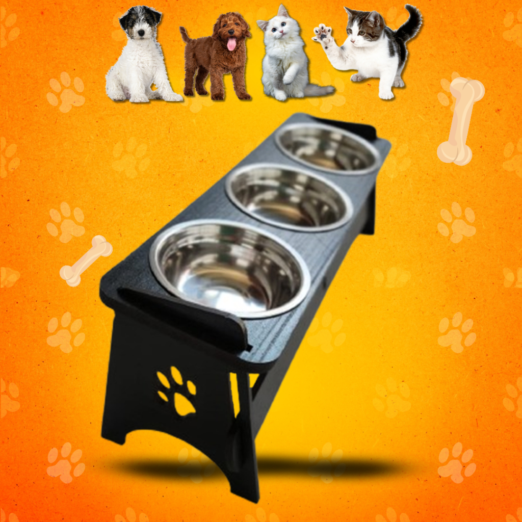 Comedouro Triplo Elevado  Com Tigelas  Inox Com TAMPAS em Oferta na Shopee