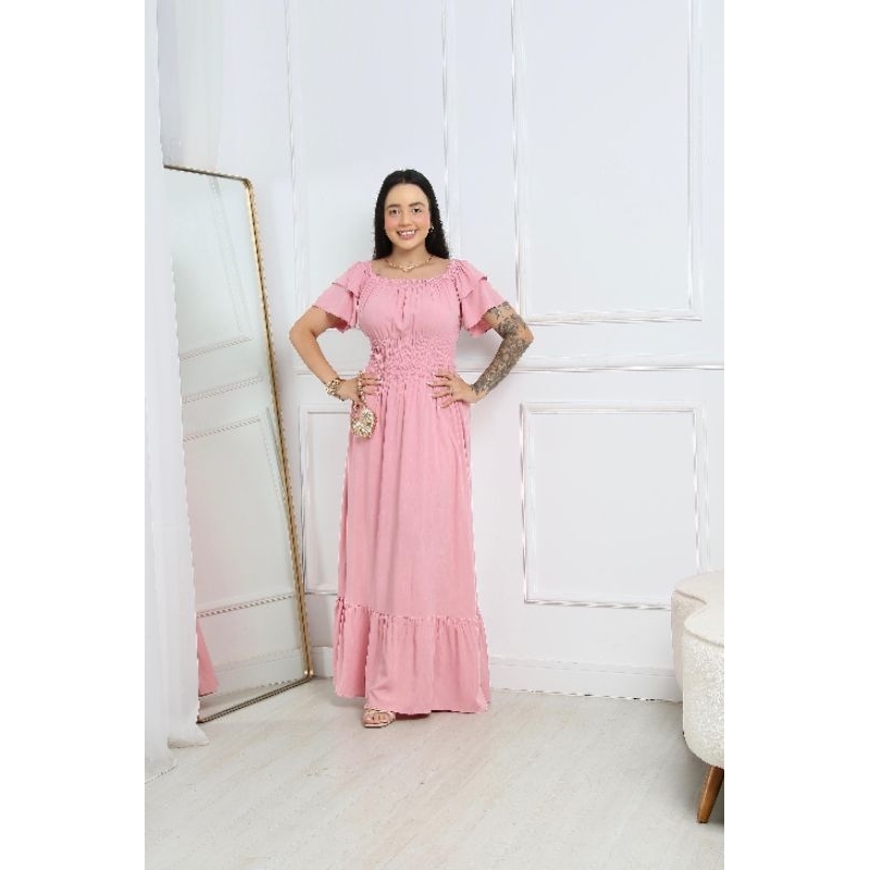 Vestido Longo femenino ciganinha ombro a ombro forrado com bojo e com lastex nas costas