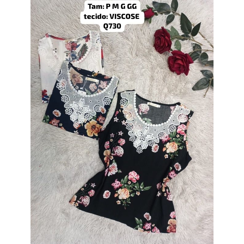 Regata viscose estampada e rendaQ730 em Oferta na Shopee