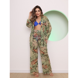 conjunto de praia saia de praia tule estampado blusa e calça em Oferta na Shopee