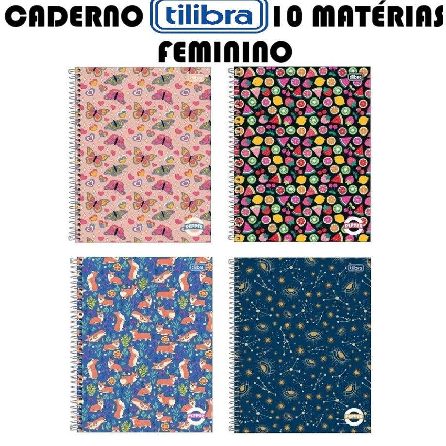 Caderno Tilibra Feminino 10 Matérias 160 Folhas Capa Dura Cadernos Universal Espiral Pepper em Oferta na Shopee