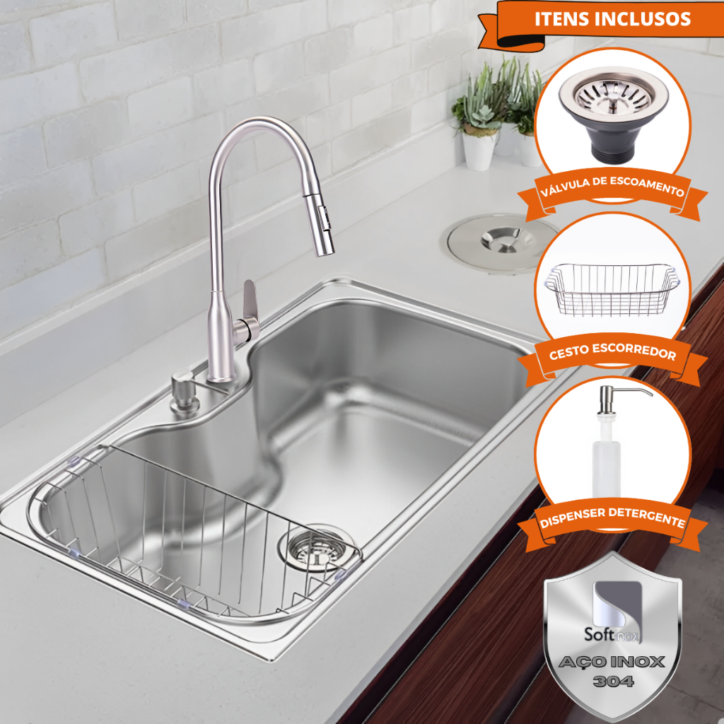 Kit Cuba Pia Cozinha Gourmet Aço Inox 60x40 C/ Torneira Escovada Extensora Monocomando e Acessórios em Oferta na Shopee