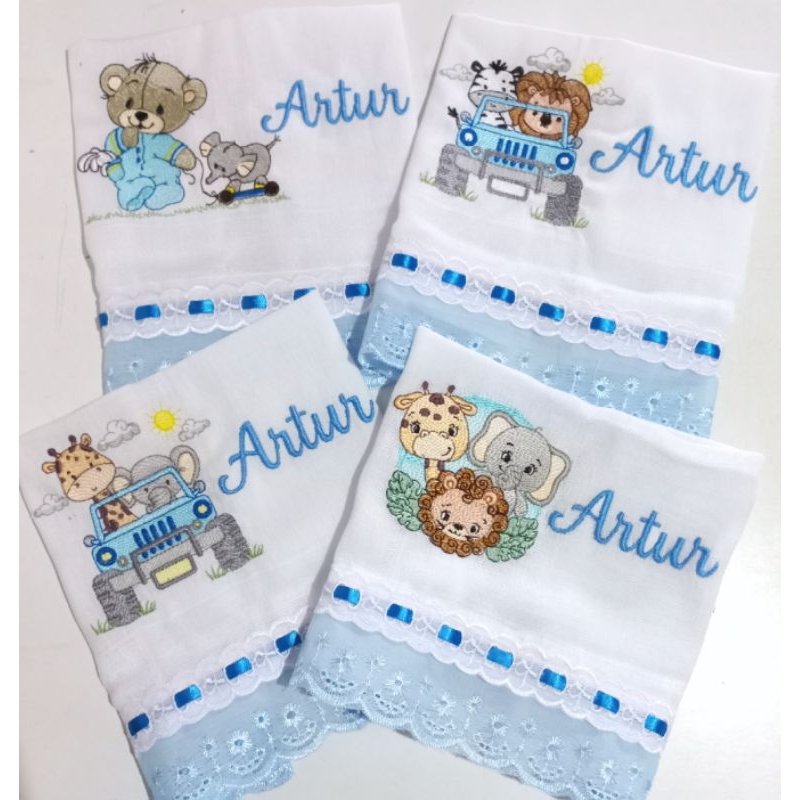 Kit com 4 unidades fraldinhas bordadas e personalizadas em Oferta na Shopee