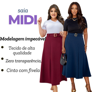 Saia Midi Evangélica Feminina – Elegância em Cores Lisas Preto e Beje em Oferta na Shopee