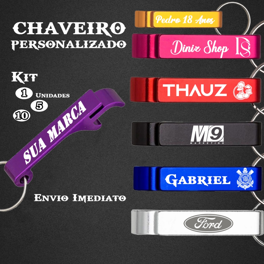 Kit com 10 Chaveiros Personalizado a Laser Pe de Galinha Abridor de Garrafa Varias Cores Envio
