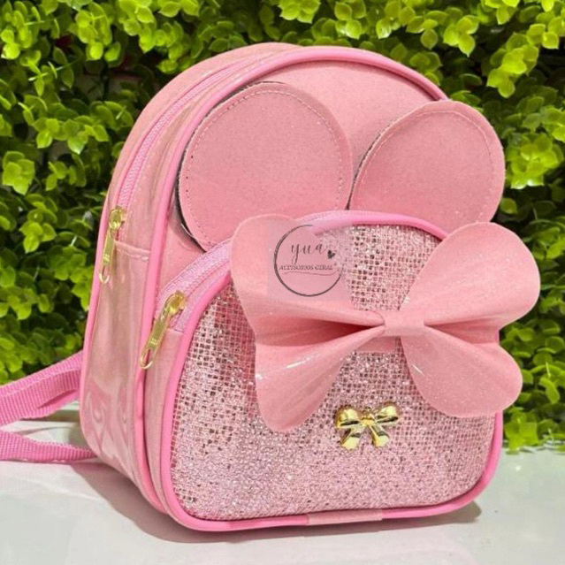 mochila infantil ,bolsa com brilho com bolso na frente ,orelhinhas da minnie e laço ENVIO RAPIDO .. em Oferta na Shopee