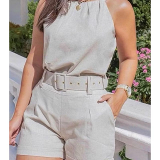Conjunto Linho Blusa e Shorts Acompanha Cinto Tecido Linho em Oferta na Shopee