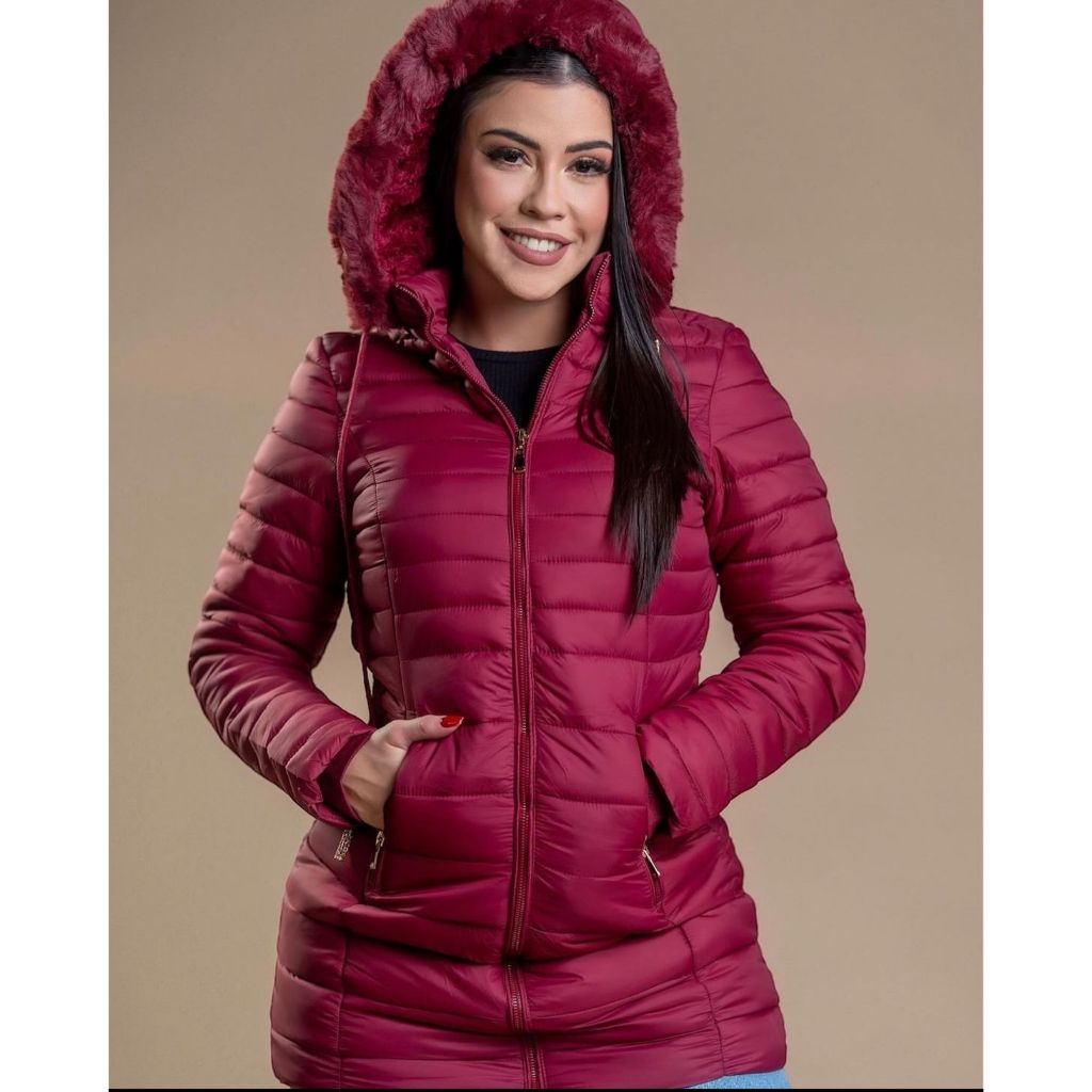 casaco sobretudo parka nilon feminino forrada pelucia teddy C/Capuz