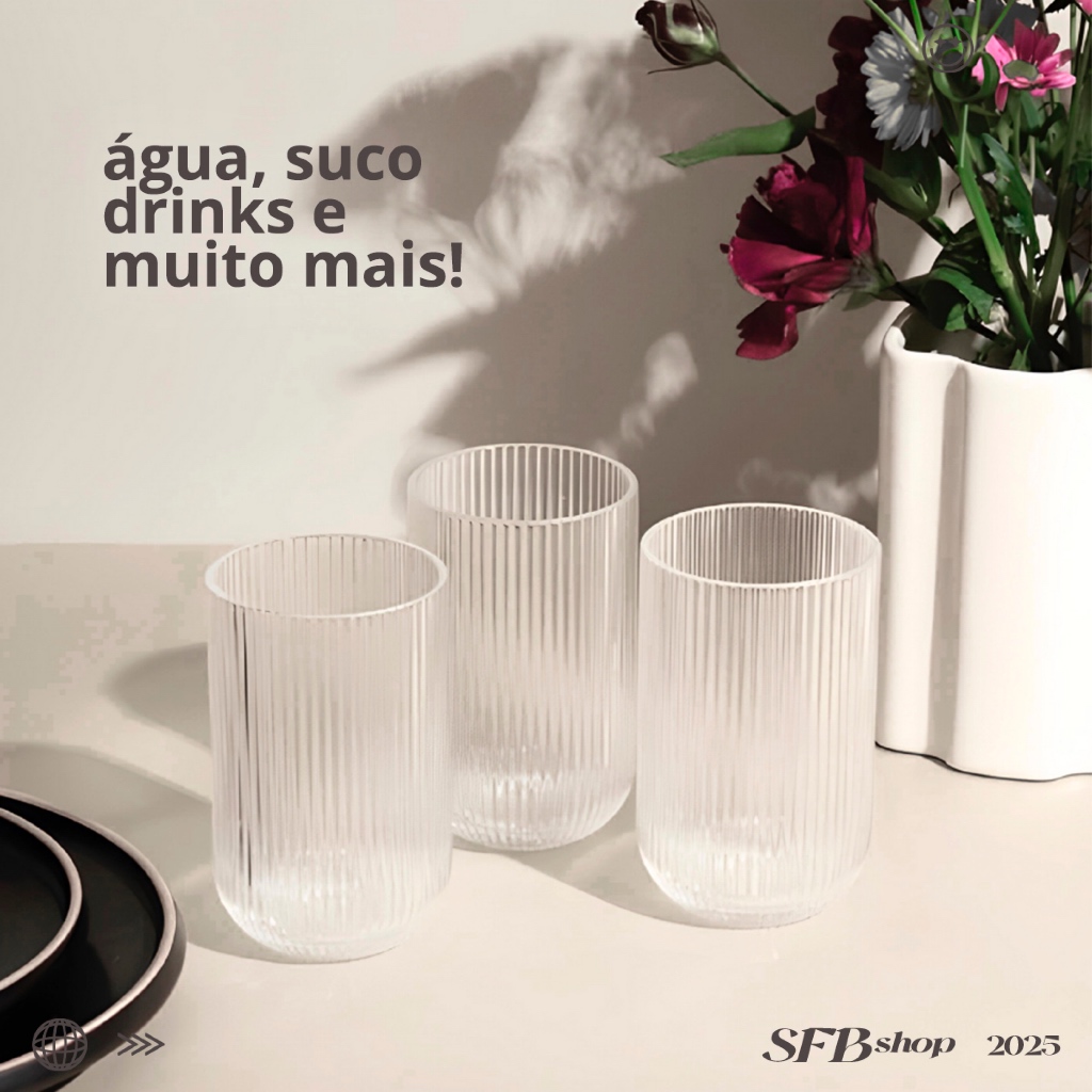 Jogo Com 6 Copos De Vidro 450ml Versalhes Canelado Elegante Sofisticado