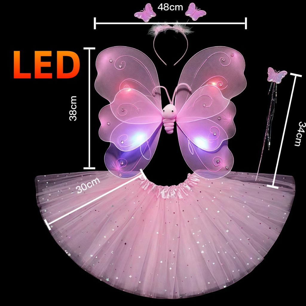 Kit Fada  Saia + Tiara + Asa + Varinha  com Led - Pisca Fantasia Festa/ Carnaval .