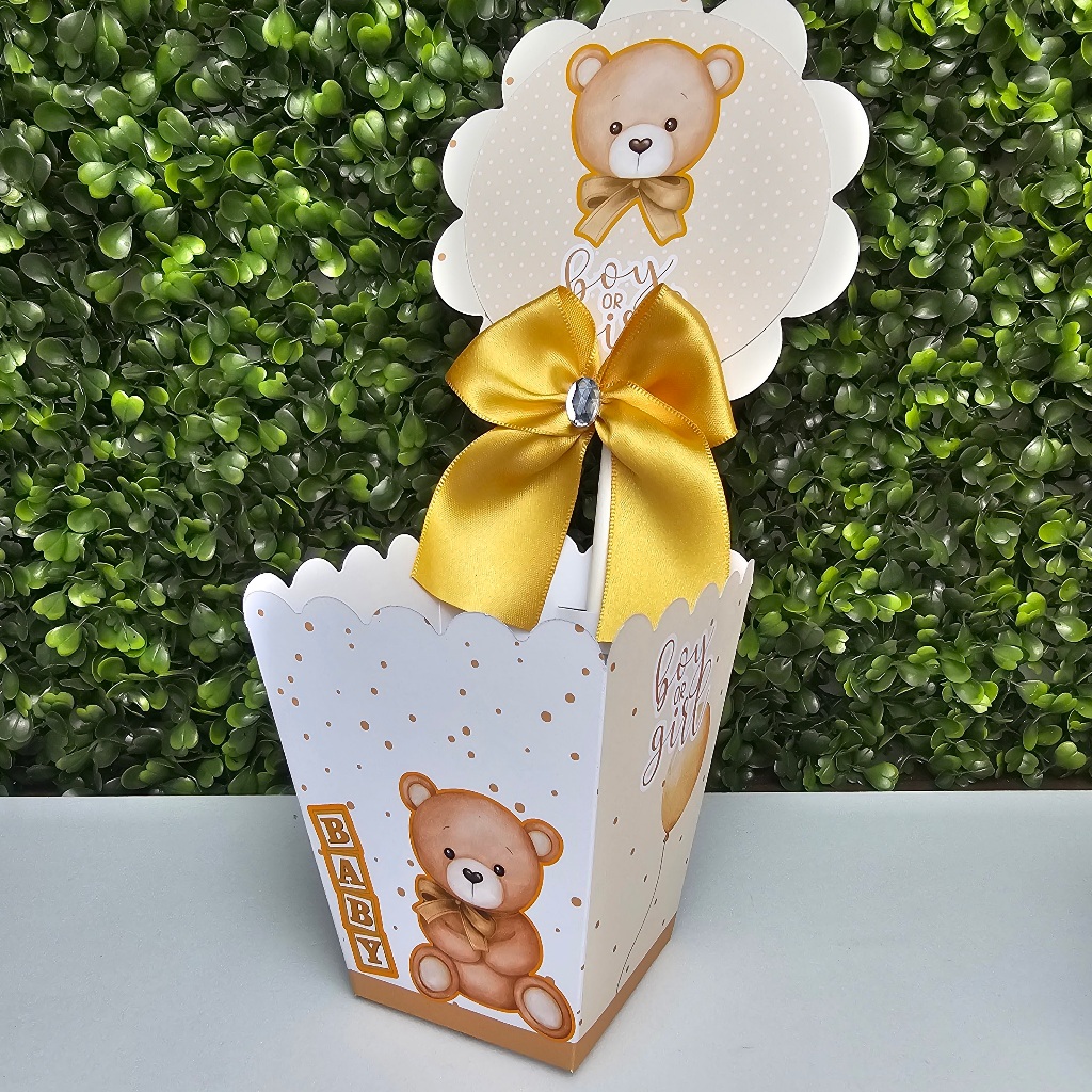 Centro de Mesa Cachepot CHÁ REVELAÇÃO URSINHO NEUTRO DOURADO - Festa infantil - Aniversário - Centro de Mesa