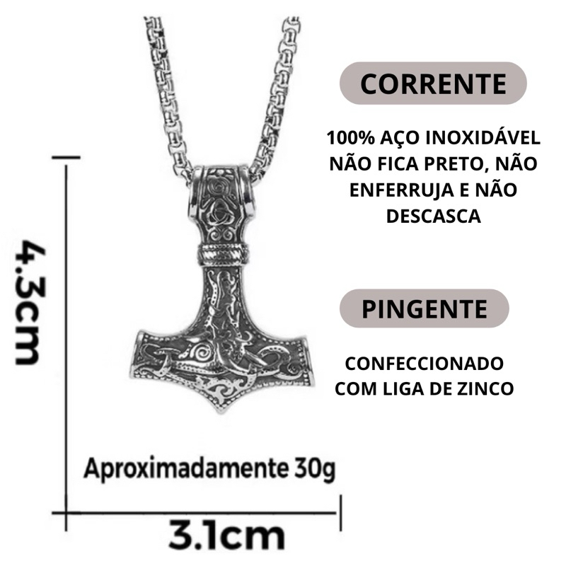 Detalhes do Cordão Colar Viking Martelo Thor Amuleto Nórdico Thor Odin Céltico Corrente Prata Homem