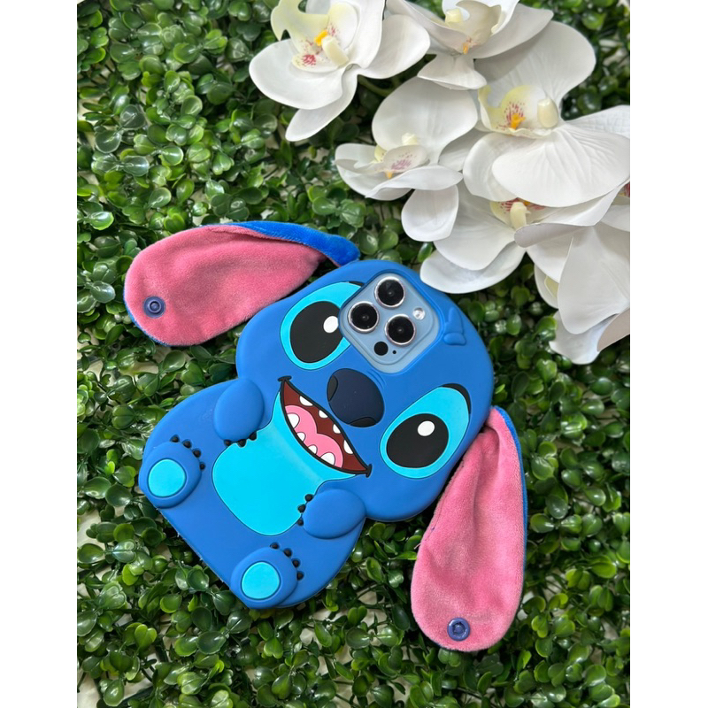 Capa capinha case de Telefone Stitch Orelha com Alça Silicone Macio 3D para iPhone 11, 12, 13, 14, 15 Pro Max