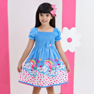 Vestido Infantil Bufante Menina Azul Chuva de Benções Nuvem Arco Iris Divertido Barato Colorido em Oferta na Shopee