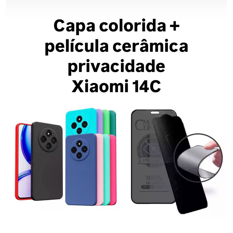 Kit 2X1 Xiaomi Redmi 14C - Capa Silicone Aveludada Colorida + Película CERÂMICA PRIVACIDADE 9D