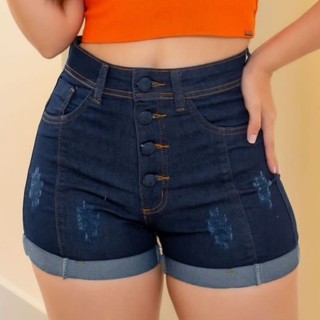 Short Jeans feminino com botão encapado; com lycra (estica) duas cores, cintura alta