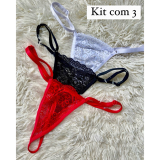 Kit 3 calcinha lingerie sexy com pingente playboy,com alça regulável em Oferta na Shopee