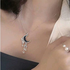Colar Lua Preta Brilhante Strass Estrelas Kawai Fofo Aesthetic Corrente Aço Inoxidável Moon Presente