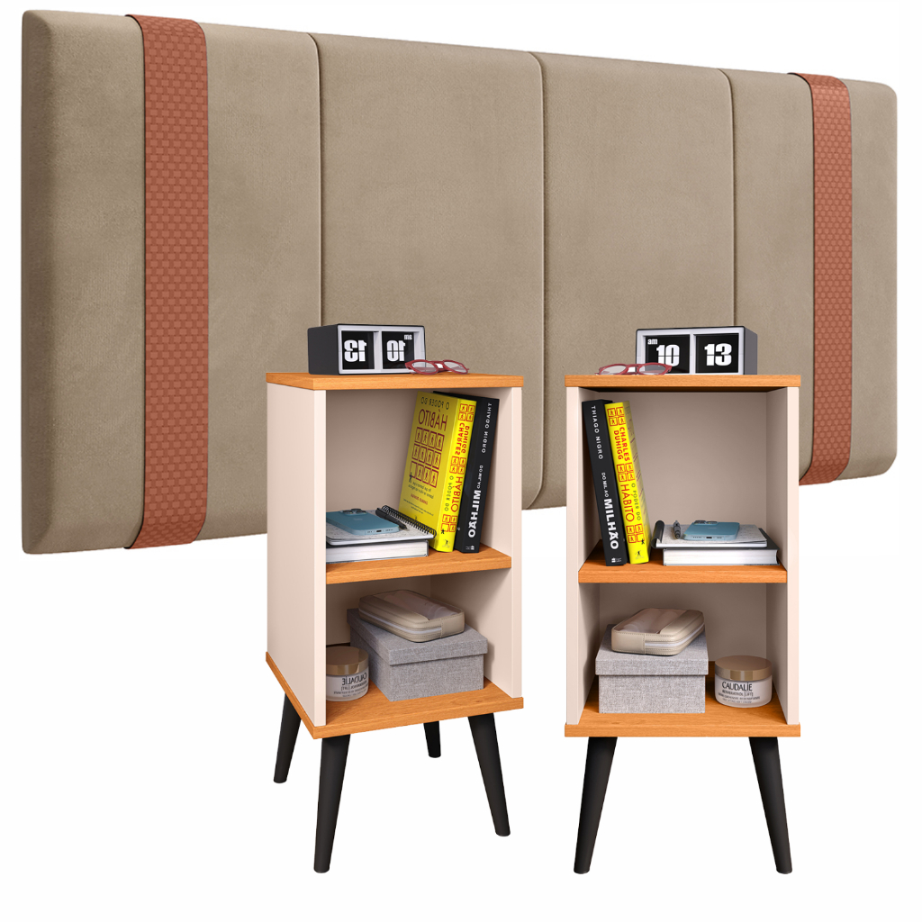 Lançamento Conjunto 2 Mesa De Cabeceira E Cabeceira Estofada Cama Casal kit quarto Mesinha de canto Cor Off White
