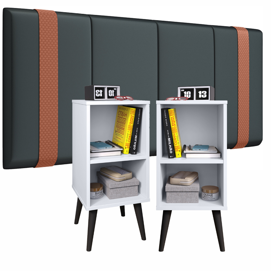 Lançamento Conjunto 2 Mesa De Cabeceira E Cabeceira Estofada Cama Casal kit quarto Mesinha de canto Cor Branca