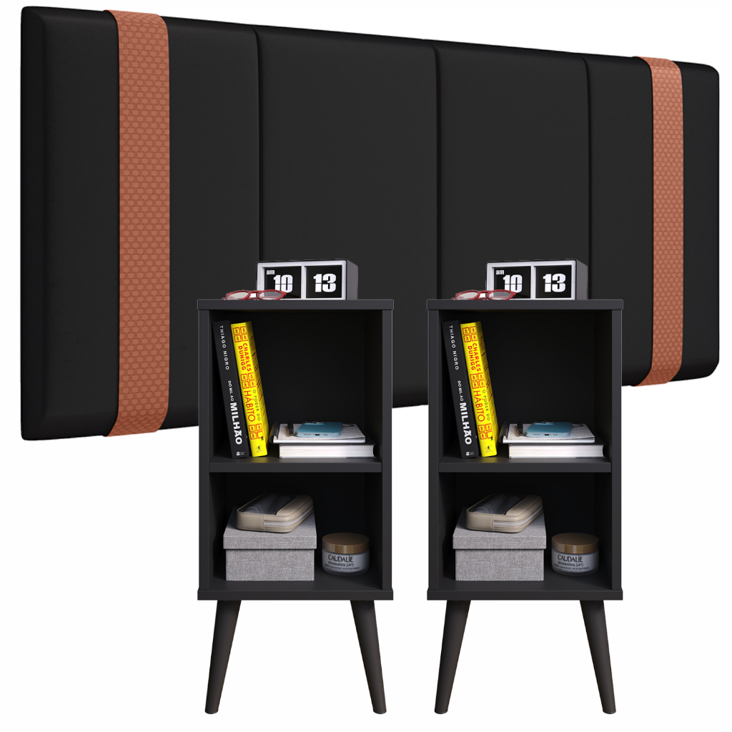 Lançamento Kit Cabeceira + 2 Criado - Mudo Mesinha Quarto Casal Retrô Mesa de Cabeceira Cor Preto Total