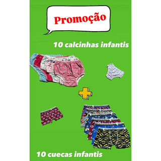 Promoção kit 20 Peças 10 Calcinha Infantil + 10 Cueca Infantil Cores e Estampas Divertidas Tecido Confortável