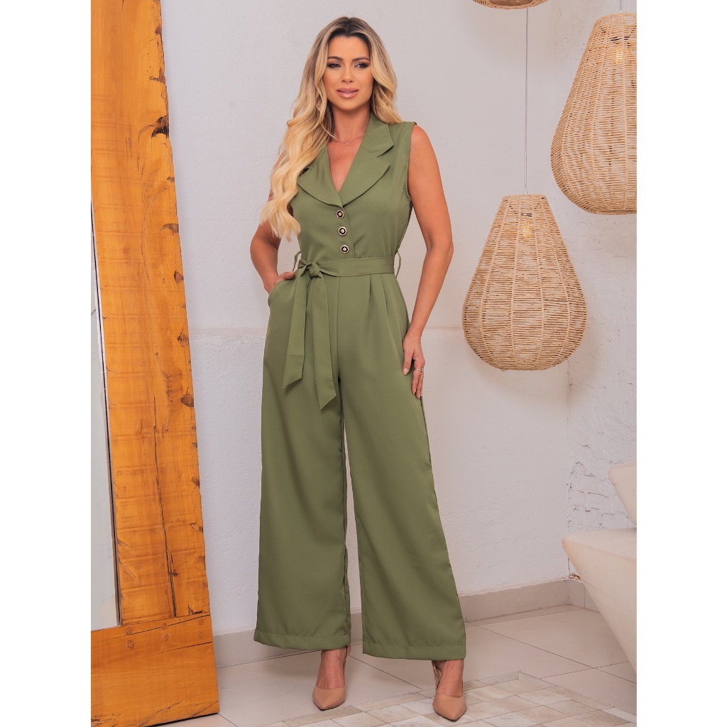 chicshine macacão alfaiataria gola social sem mangas pantalona em Oferta na Shopee