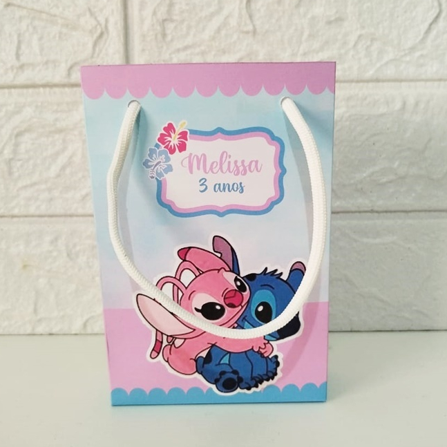 PEGUE E MONTE - Sacolinha Personalizada Tamanho P Lembrancinhas para Festas Stitch e Angel