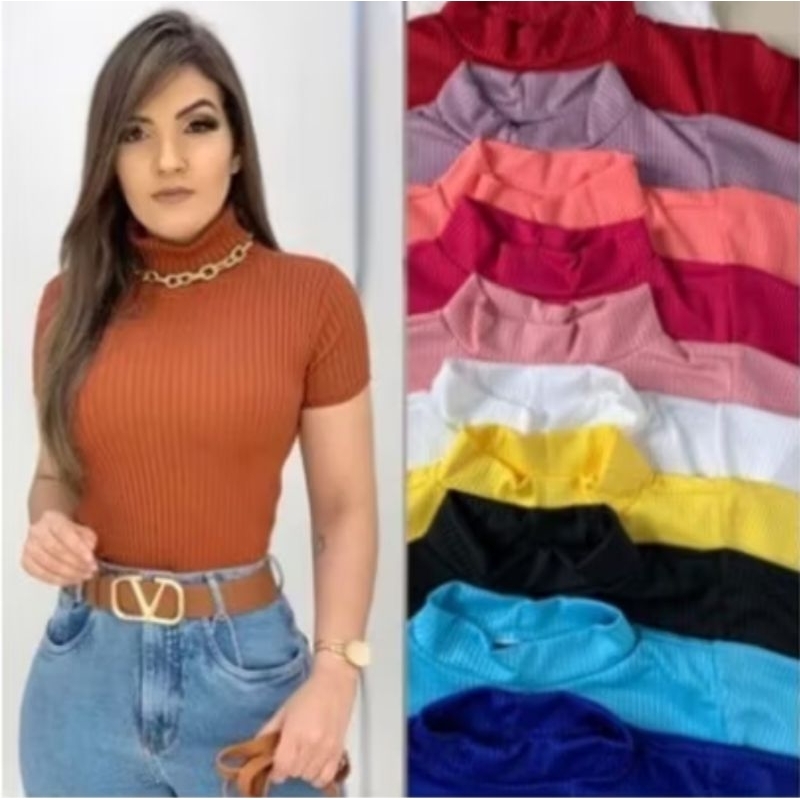 Blusinha Camiseta Feminina Gola Alta Manga Curta Canelada Roupa Super Fashion