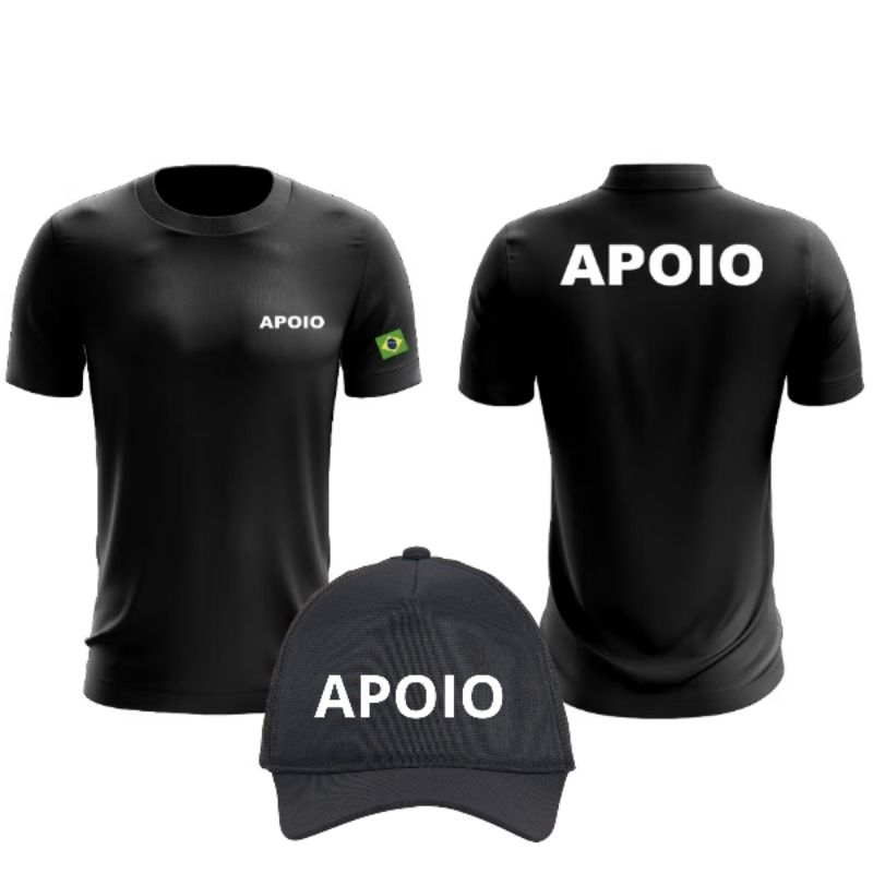 Kit Apoio Boné e Camiseta 100% algodão Preta masculina, estampa em DTF, básica e Uniforme de trabalho