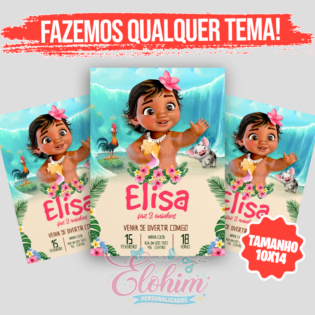 Convite de aniversário infantil 10x14 (Fazemos qualquer tema) Moana Baby