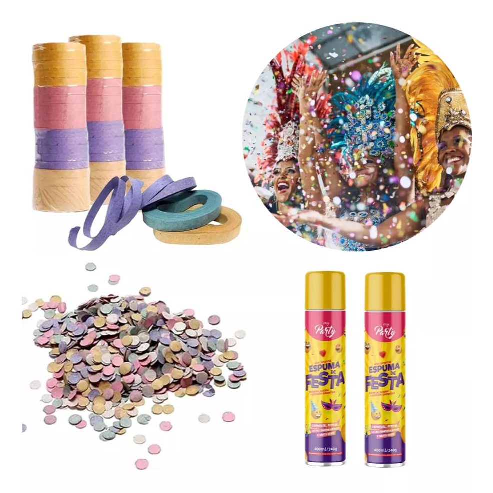Kit Carnaval Com Rolos De Serpentina Confete E Espuminha Para se Divertir