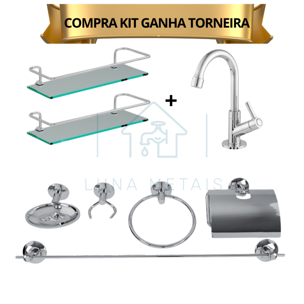 Kit Acessórios para Banheiro Inox 8 Peças + Porta Shampoo Vidro + Torneira Cromada