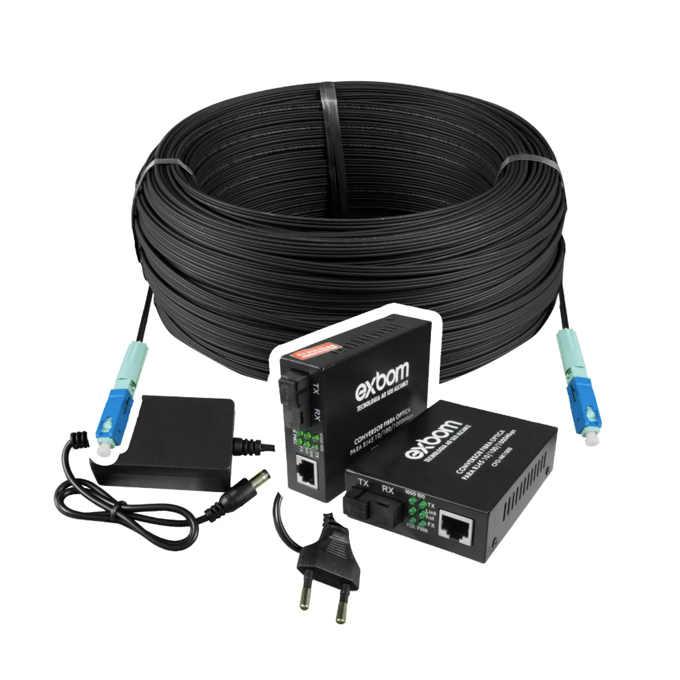 Kit Conversor de Mídia Fibra Óptica SC para Cabo de Rede Internet RJ45 + 150m de Cabo Óptico Drop 1 FO conectorizado