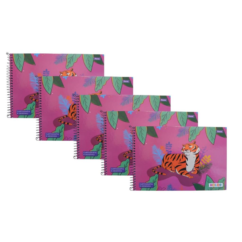 Kit Caderno De Desenho Cartografia Infantil Escola Capa Dura 80 Folhas - Tigre - Sem Borda - Pacote Com 5 Unidades