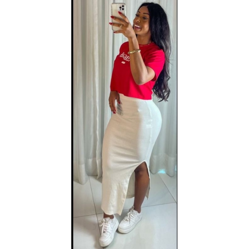 saia Midi femenino tecido ribana 100% algodão com fenda lateral veste do 36 ao 44.varias cores tecido bom em Oferta na Shopee