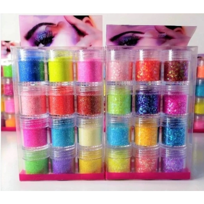 Kit 12 Potinhos de Glitter Chunky Poliéster Importado-Glitter Flocado Extra Fino - Cores Holográficas 10 gr